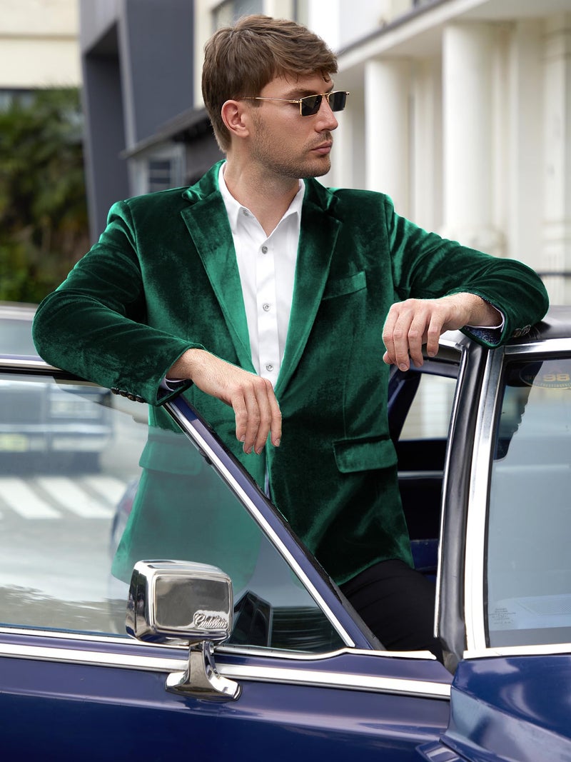 WEEN CHARM Velvet Blazer for Men Slim Fit One Button Sport Coat Tuxedo Jacket for Prom Wedding Party Dinner Green - Image 2